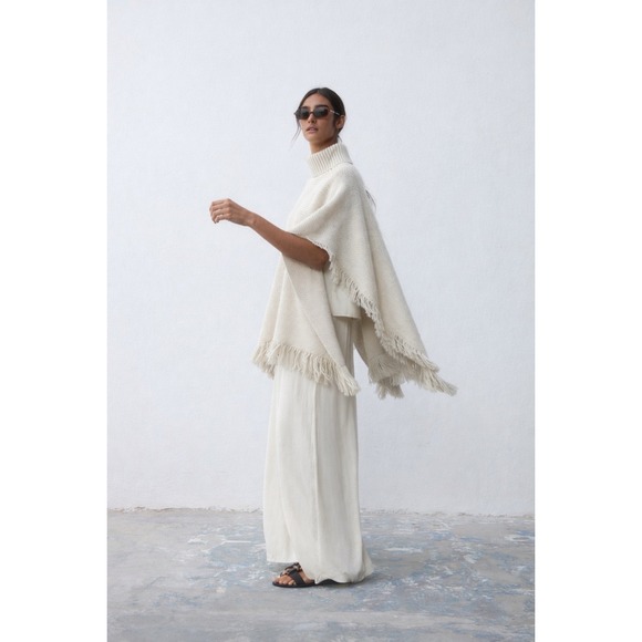 525 America Sweaters - 525 America Ivory Fringe Turtleneck Poncho Sweater M/L Cotton Knit Boho Chic